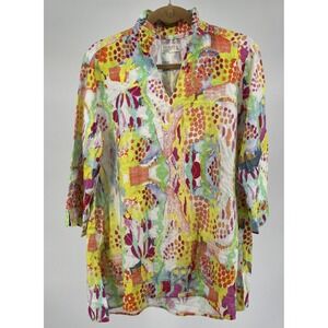 Atelier5 Womens Colorful Abstract Tunic Top Linen Artsy Coastal Resort Boho Sz L